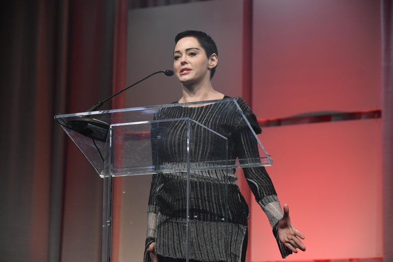 Actress Rose McGowan speaks on stage at The Women's Convention at Cobo Center on October 27, 2017 in Detroit, Michigan..